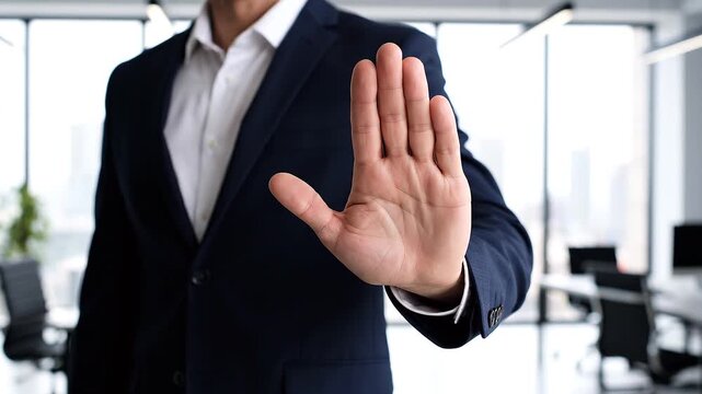 Business Professional Showing Stop Hand Gesture for Refusal and Warning in Office