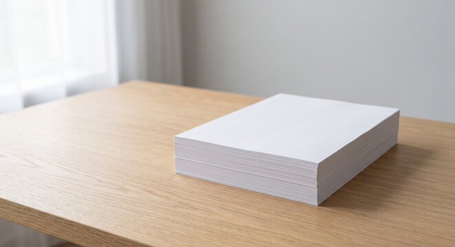 A thick stack of white printing paper sheets on a light wooden office desk near a bright window horizontal view for design