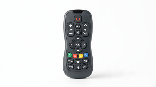 Black digital television remote control isolated on white background.