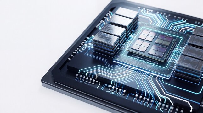 Chiplet Package with Glowing Circuit Paths on White Background