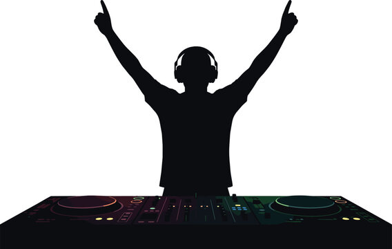 Energetic male disc jockey silhouette wearing headphones with raised arms behind professional music mixer controller deck