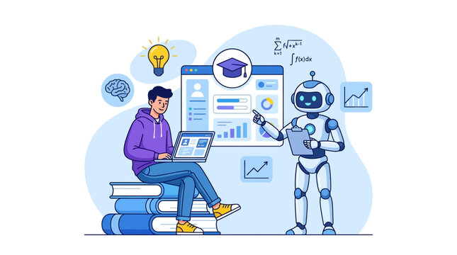 AI Education Concept featuring student on books with laptop and robot tutor, ideal for e-learning platforms and AI technology blogs.