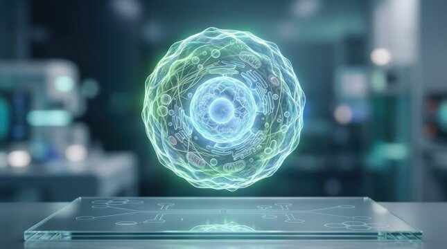 A glowing 3D digital rendering of a cell with organelles, displayed above a transparent surface in a scientific laboratory setting.