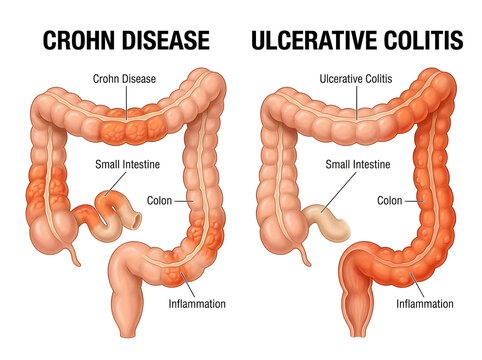 Crohn disease vs ulcerative colitis digestive system illustration isolated on white background