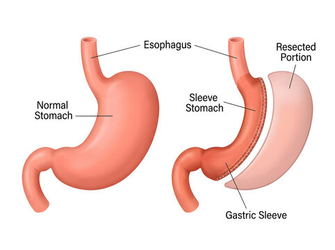 Gastric sleeve vs normal stomach anatomy diagram isolated on white background