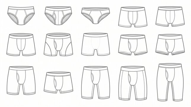 Clean flat vector line-art icon set featuring twelve different styles of generic men&rsquo;s underwear, including briefs, boxer briefs, trunks, and long-leg boxer variations.