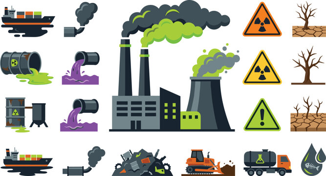 Industrial Pollution and Environmental Catastrophe Vector Illustration Icon Set with Factory Smoke Nuclear Waste Toxic Pipes Cargo Ship Leakage and Barren Land Scenes
