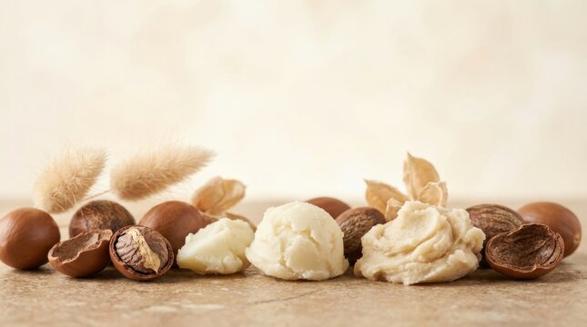 Shelled and unshelled shea nuts with creamy shea butter scoops on a wooden surface, showcasing natural skincare ingredients.