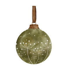 Hand painted green Christmas bauble with delicate white botanical motifs and a rustic wooden hanger, creating a cozy vintage watercolor holiday decoration © myyana
