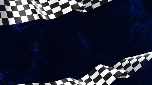 Black and white checkered racing flag waving animation with cinematic dark background. Perfect for motorsport videos, racing events, competition themes, sports intros, victory celebrations, automotive