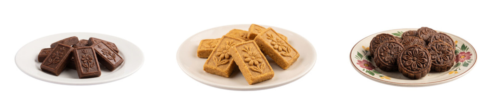 Authentic Brown Nolen Gur Sandesh with embossed floral patterns, on the plate isolated on crisp
