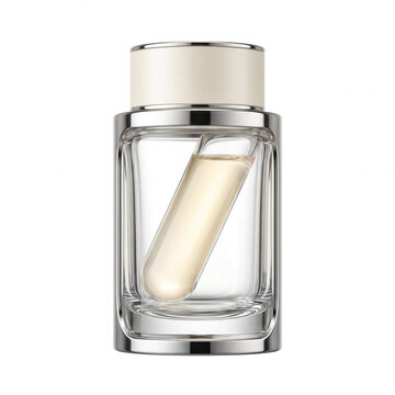Clear glass perfume bottle with metallic top and light liquid cosmetic packaging luxury bottle liquid essence beauty product spray bottle product photography as transparent cutout