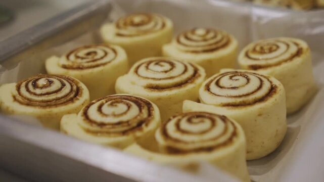 ​Freshly prepared pastry dough swirled with cinnamon sugar in a tray  
