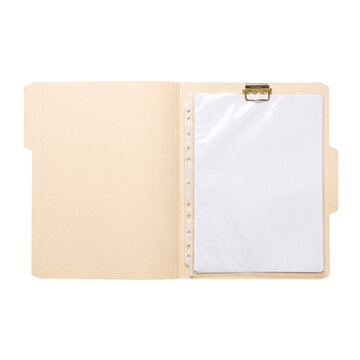 Open manila folder with clear plastic protector and blank paper during an office presentation Isolated on transparent background