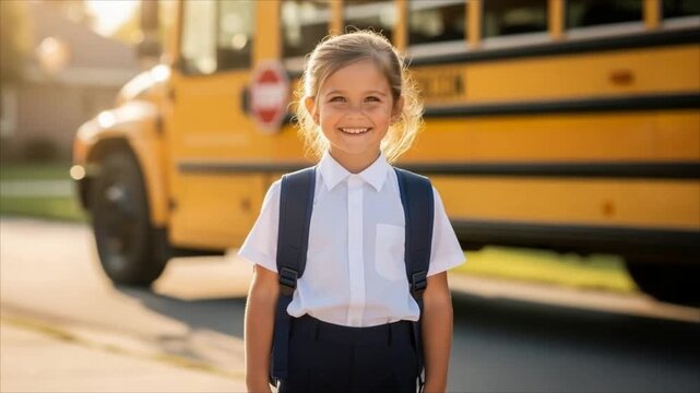 Smiling schoolgirl with a backpack standing in front of a school bus. Back-to-school commute, student safety and education concept.