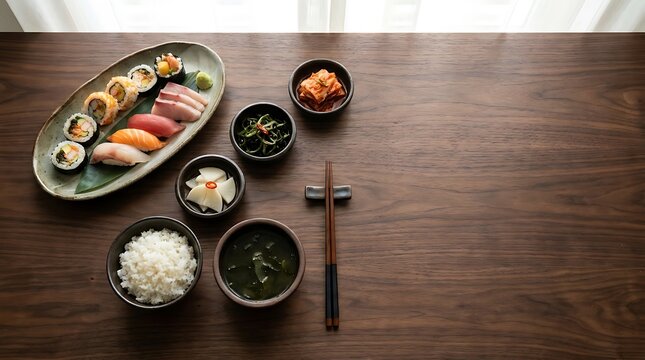 Fresh sushi platter with rice bowls and chopsticks on a dark wooden table top. Japanese Korean fusion