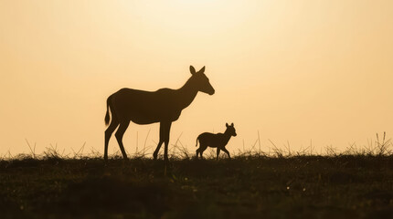 Fototapeta premium Mother deer and fawn silhouette at sunset in grassy field