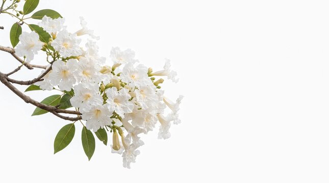 Beautiful white Tabebuia roseo-alba trumpet flowers blooming on a branch isolated on white background