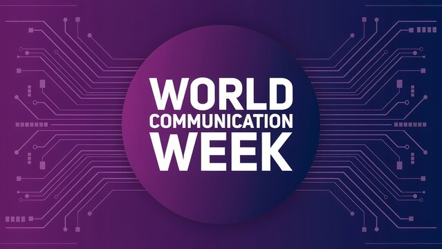 World communication week text design with digital circuit board background in purple and blue colors