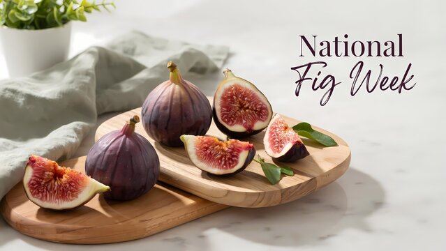 Fresh whole and sliced purple figs on a wooden board for national fig week celebration