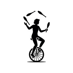 Silhouette of a person juggling clubs while riding a unicycle showcasing balance and skill. © Romlah