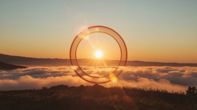 Sunrise over cloud layer with circular light effect