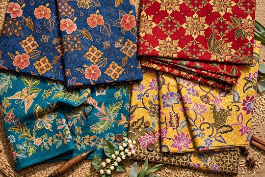Malaysian batik textile fabric pattern traditional colorful flat lay