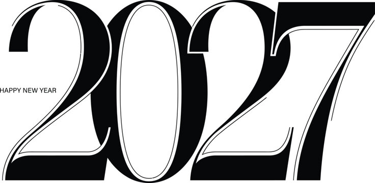 Bold black and white graphic representation of the year two thousand twenty seven on a white background