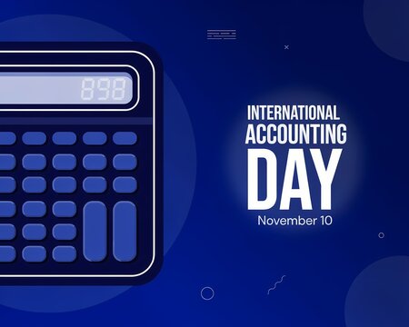International accounting day concept with a calculator illustration on a dark blue background