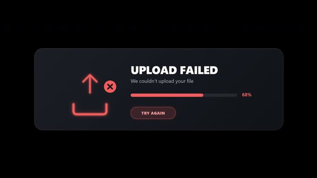 Upload Failed Error Notification UI Panel with Retry Progress Alpha Channel 4K Animation