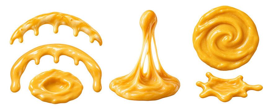 Isolated melted cheese drips swirls and pull set for savory bakery
