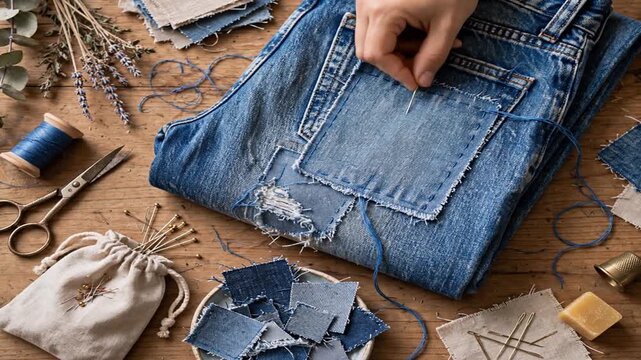 Close up of a person hand sewing a denim patch onto a pair of blue jeans on a wooden table with various sewing supplies scattered around