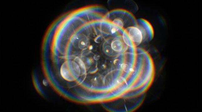 Abstract rainbow lens flare circles on a solid black background