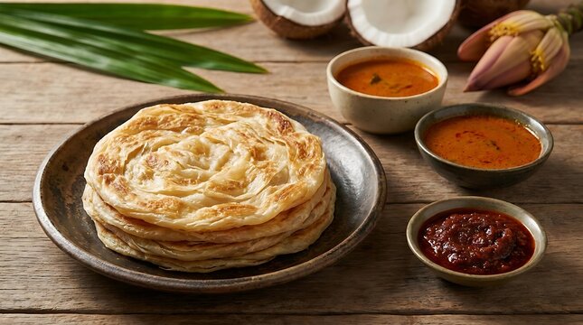 Fresh delicious paratha flatbread served with spicy curry dips on a rustic wooden table top. Malaysian Cuisine 