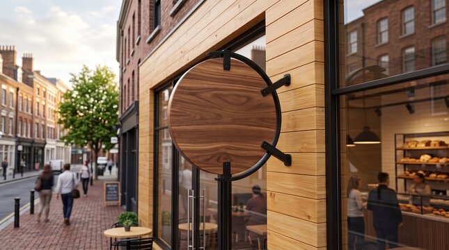 Mockup of a wooden circle sign on a store exterior wall in an urban street