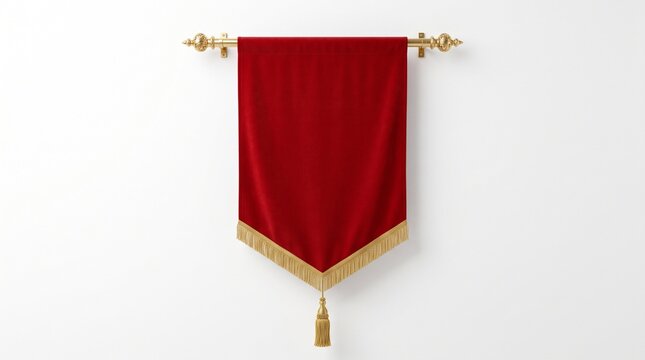 Red velvet church banner with gold fringe and tassel hanging from a decorative brass rod isolated on white background
