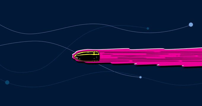 Bullet with trail smoke flying cartoon animation. Slug from gun animated with speed effect on business background. Heavy machine gun object moving with black doodle shaking outline and shadow
