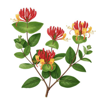 Red and yellow honeysuckle flowers on a plant isolated on transparent background