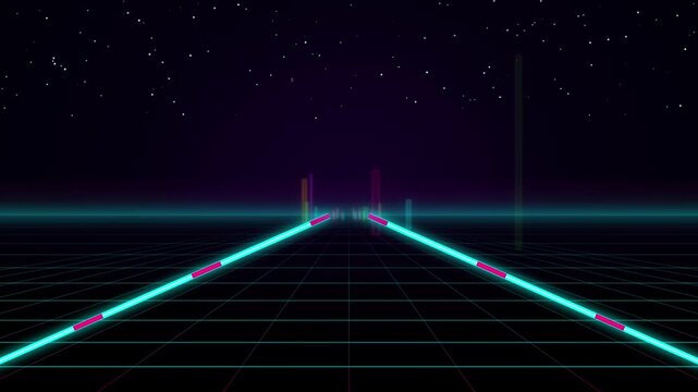 Cyberpunk neon road extends toward a glowing futuristic horizon