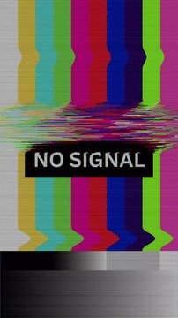 Retro television test pattern with the words NO SIGNAL in bold black text on a white background and a black border, symbolizing a broadcast error