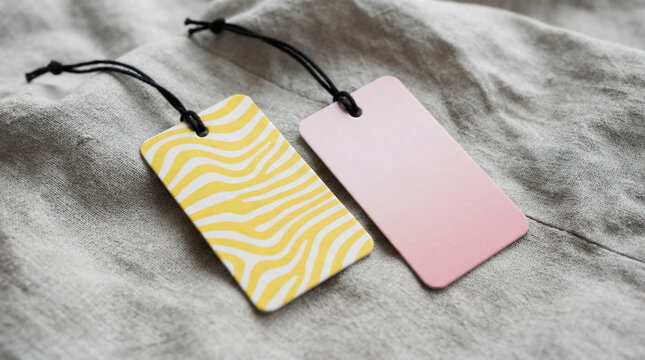 Colorful paper price tags with black strings resting on a grey linen fabric background for fashion retail