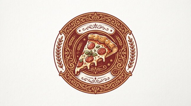 Vintage ornate circular badge with pepperoni pizza slice and melted cheese logo for pizzeria, Italian restaurant, food truck, fast food, catering and authentic cuisine branding