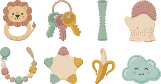 Baby Teething Toy Vector Set Featuring Silicone Lion Rattle, Keys, Pacifier Clip, Banana Toothbrush, and Cute Cloud Teether Icons for Newborns