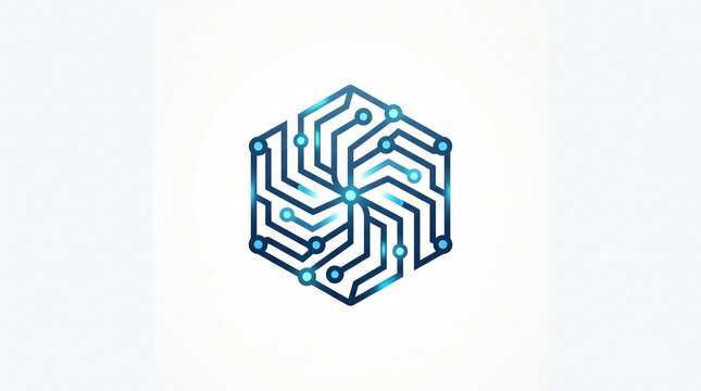Blue hexagonal circuit board with connected nodes logo for technology, AI software, data network, blockchain, cybersecurity, digital innovation and tech startup branding