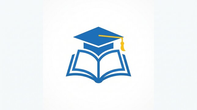 Blue graduation cap with yellow tassel over open book logo for education, university, school, college, academy, tutoring, learning and knowledge branding