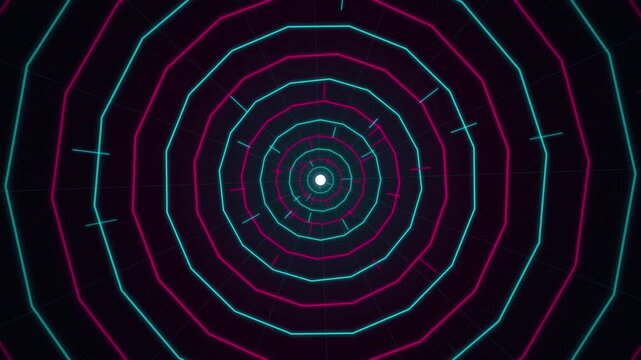 Neon glowing futuristic rings pulsing in a seamless motion tunnel loop