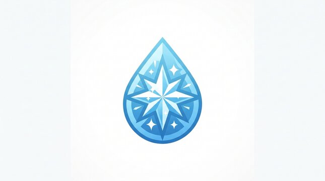 Blue water drop with crystal star logo for pure water, cleaning, skincare, beauty spa, aqua drink and fresh natural luxury branding