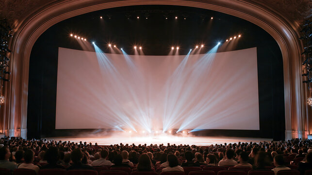 dramatic theater stage lit by bright spotlights with smoke and empty auditorium seats ready for live music concert performance or corporate award ceremony event