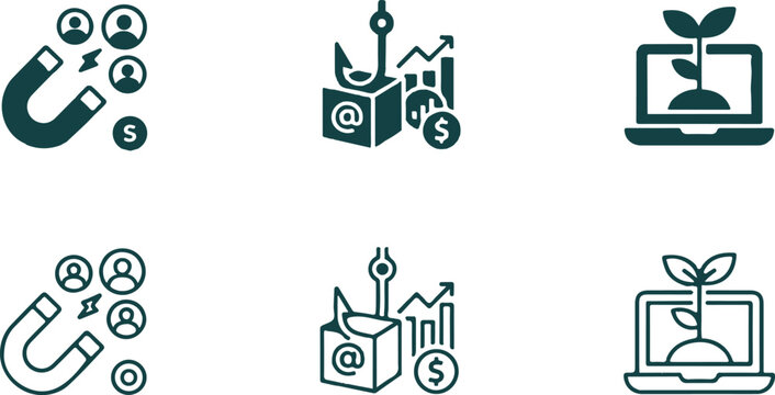 Set of three business growth icons with magnet attraction, data capture, and nurture growth concepts