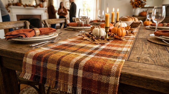 Warm Thanksgiving Table Setting with Pumpkins and Candles
